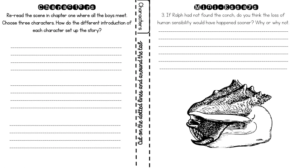 Chapter one character introductions: analyze three boys' first scenes, then a mini-essay on Ralph finding the conch