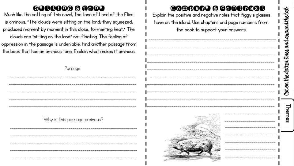 Setting and tone: find an ominous passage and explain it; compare the positive and negative roles of Piggy's glasses