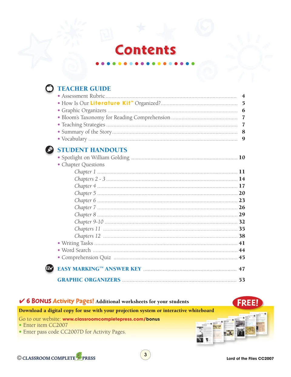 Literature kit contents lists the teacher guide, chapter handouts, writing tasks, quiz, and answer key.