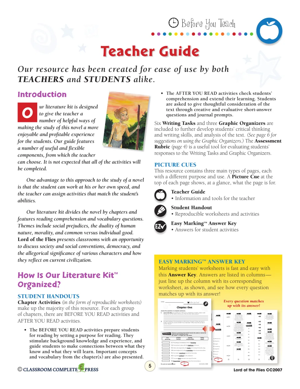 Teacher guide explains before- and after-reading activities, six writing tasks, organizers, and the answer key.