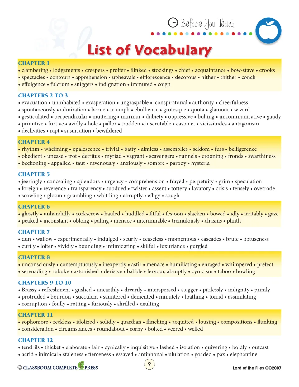 Chapter vocabulary reference lists words for chapters 1–12, including clambering, evacuation, and tendrils.