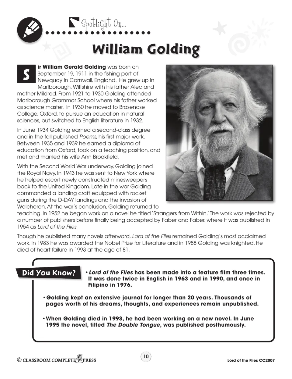 William Golding author handout covers his education, teaching, naval service, publications, and literary honors.