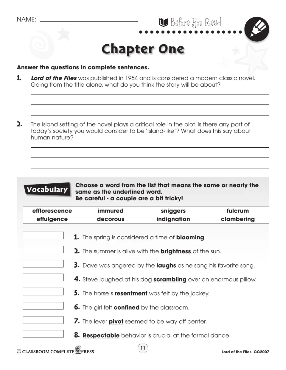 Chapter one prereading handout asks about the title and island-like society, then gives eight vocabulary matches.