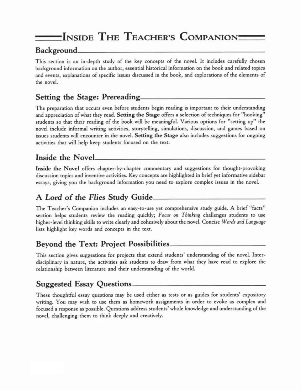 Section guide: summaries of Background, Prereading, Inside the Novel, Study Guide, Projects and Essay Questions