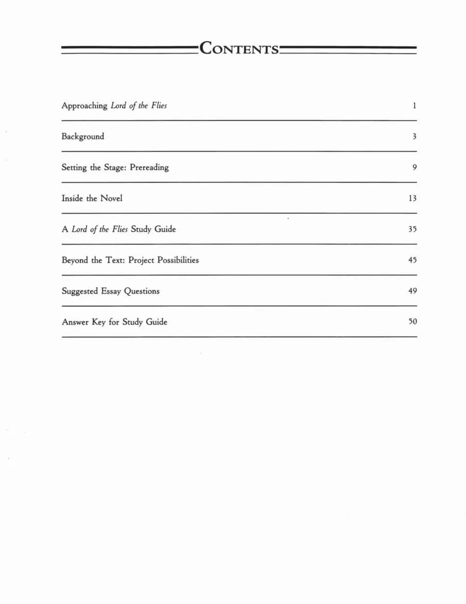 Contents: page numbers for eight sections, from Approaching the novel to the Answer Key for Study Guide