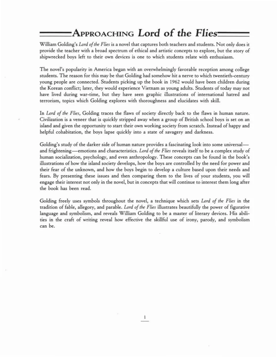 Approaching the novel: teacher essay on human nature, savagery and Golding's use of symbolism, irony and parody