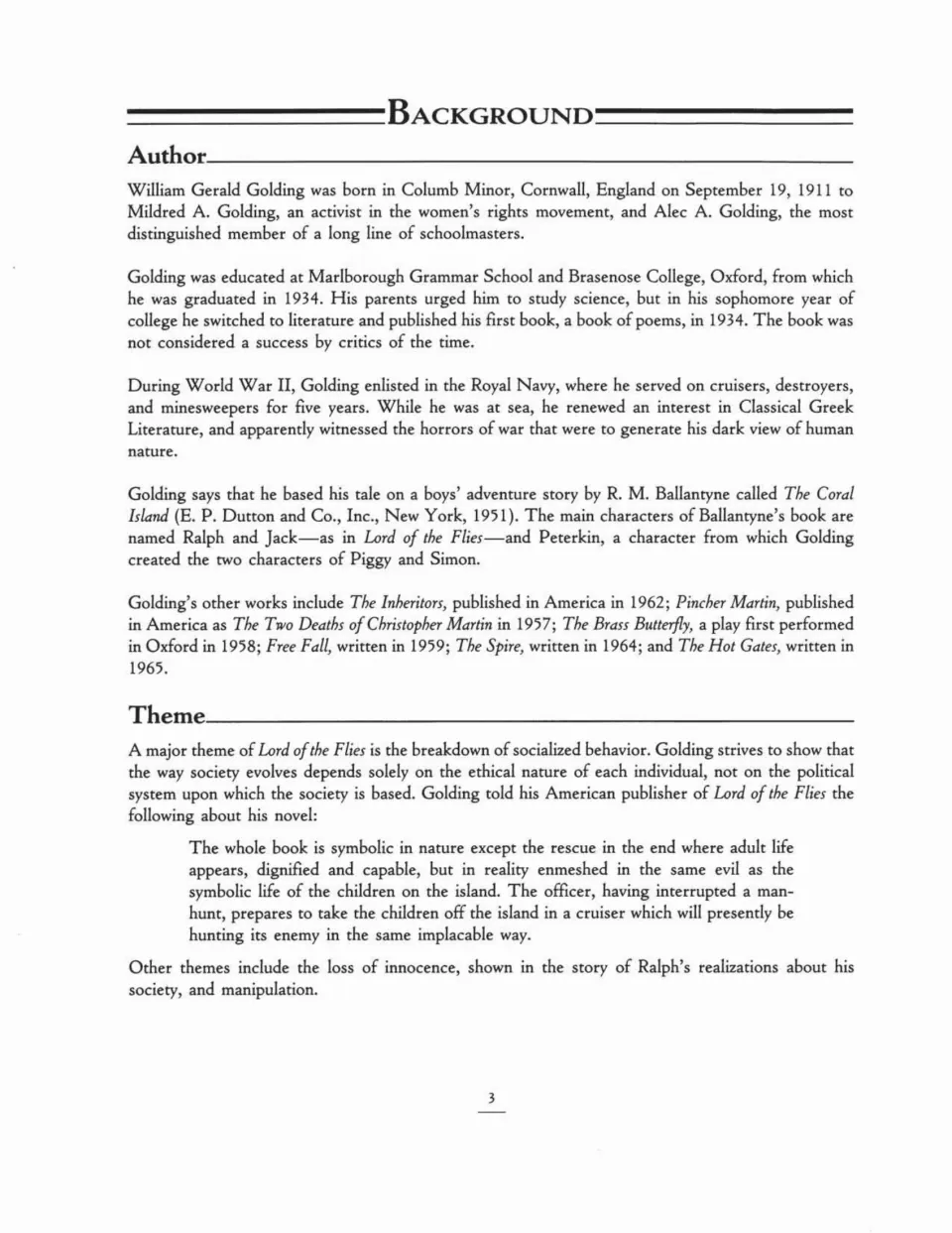 Background on Golding's life, Navy service and The Coral Island source, then the theme of social breakdown