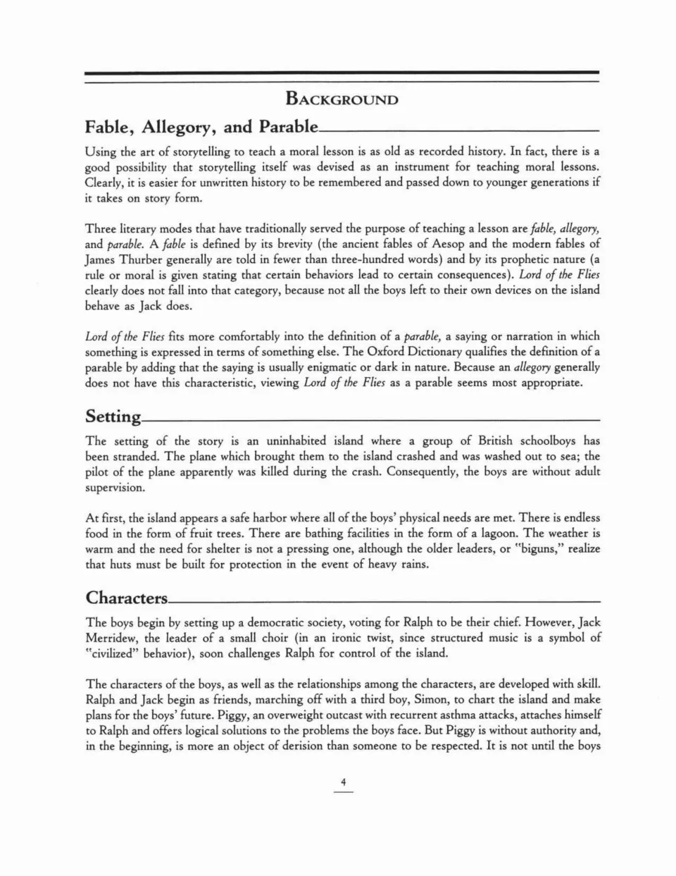 Fable, allegory and parable compared, then notes on the island setting and on Ralph, Jack, Simon and Piggy