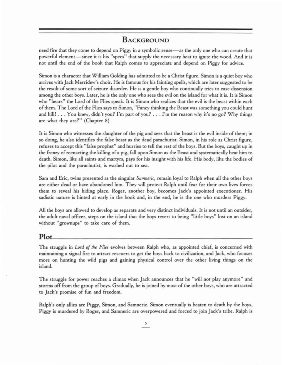 Character notes on Simon as a Christ figure, Samneric and Roger, then a plot summary of the Ralph-Jack power struggle
