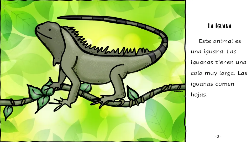 La Iguana: students read three Spanish sentences about an iguana's very long tail and its diet of leaves
