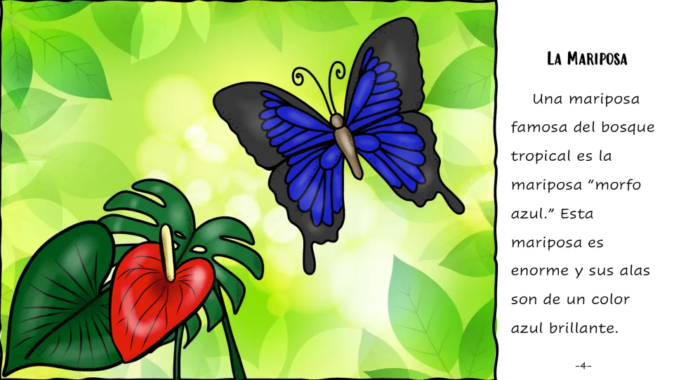 La Mariposa: students read in Spanish about the blue morpho butterfly, which is huge with bright blue wings