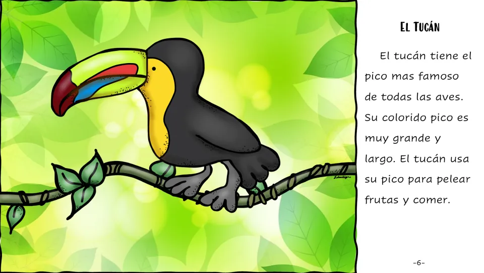 El Tucán: students read in Spanish about the toucan's large, colorful beak and how it uses it to get fruit