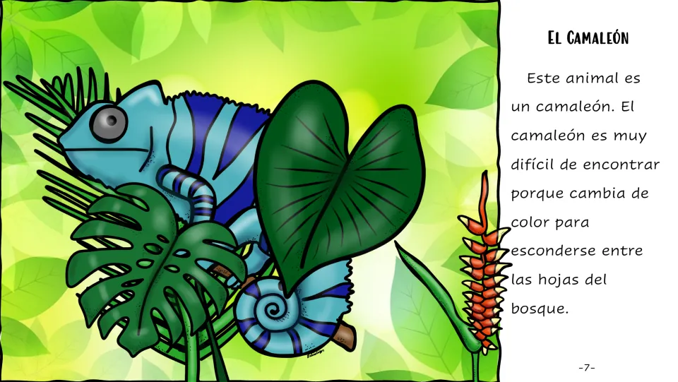 El Camaleón: students read in Spanish that the chameleon is hard to find because it changes color to hide among leaves