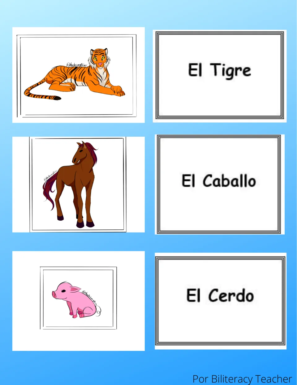 Spanish animal match cards: tiger, horse and pig pictures paired with word cards El Tigre, El Caballo and El Cerdo
