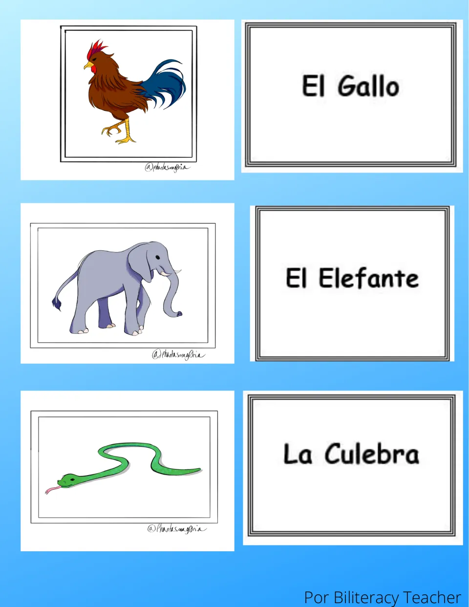 Spanish animal match cards: rooster, elephant and snake pictures with word cards El Gallo, El Elefante and La Culebra
