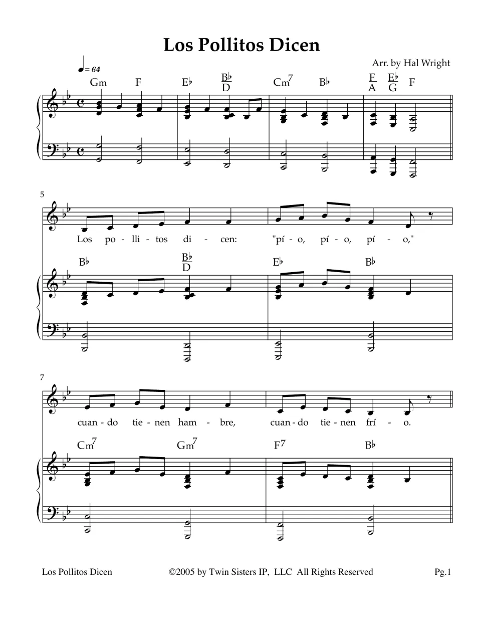 Piano-vocal score, page 1: a four-bar piano intro with chord symbols, then the melody and Spanish lyrics of verse one