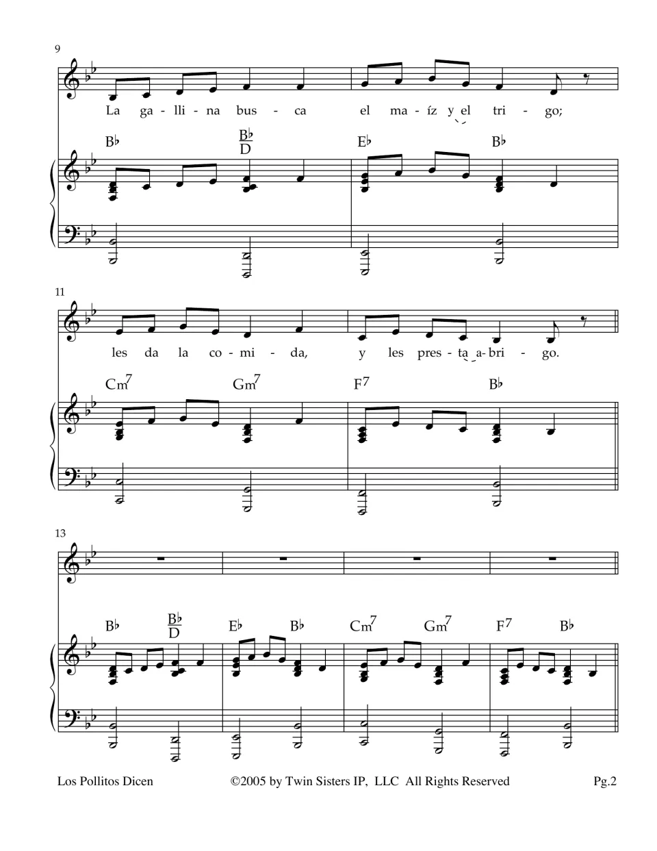Score page 2: the verse about the hen finding corn and wheat, sung over chords, followed by a four-bar piano interlude