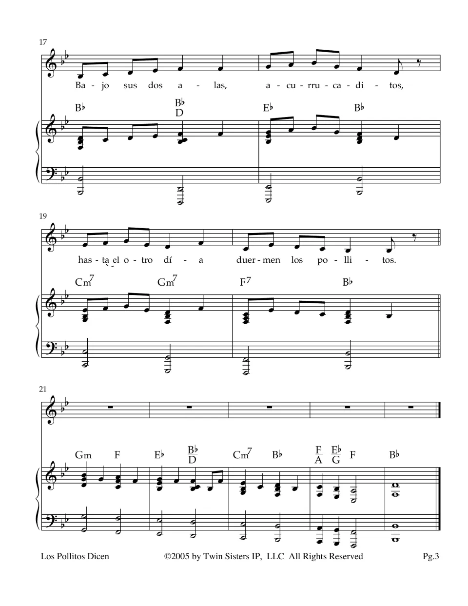 Final score page: last verse, with the chicks sleeping under two wings until morning, then a five-bar piano ending
