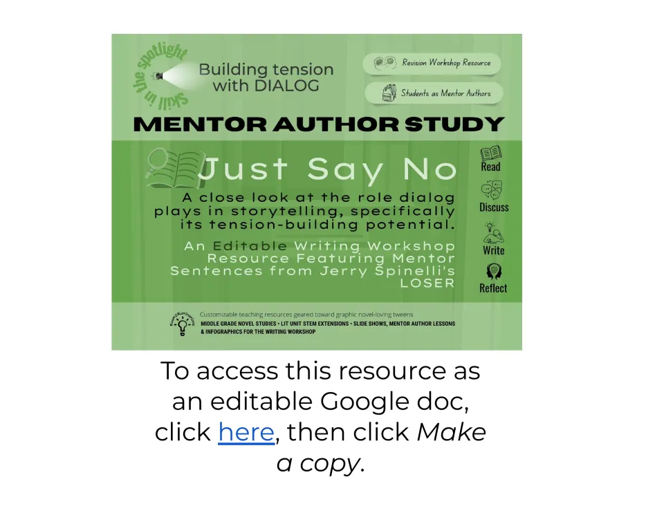 Cover: Just Say No mentor author study on building tension with dialog, using sentences from Jerry Spinelli's Loser