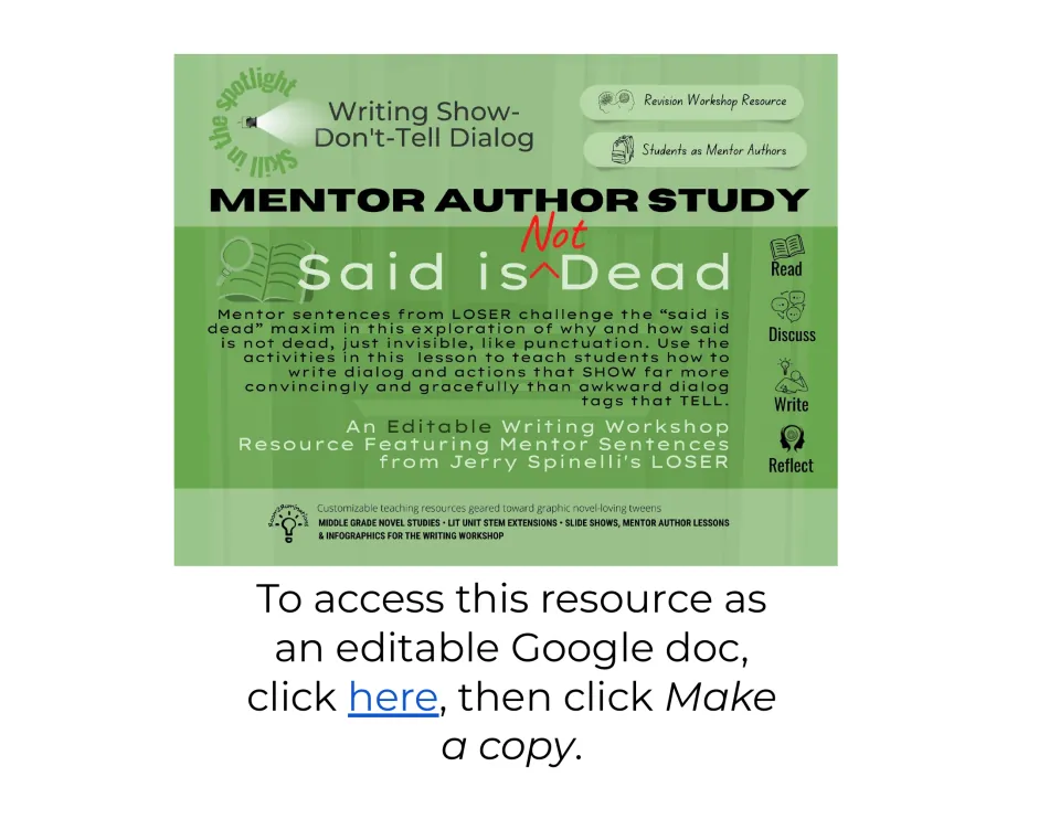 Mentor author study cover: Said is Not Dead, show-don't-tell dialog lessons using sentences from Jerry Spinelli's Loser