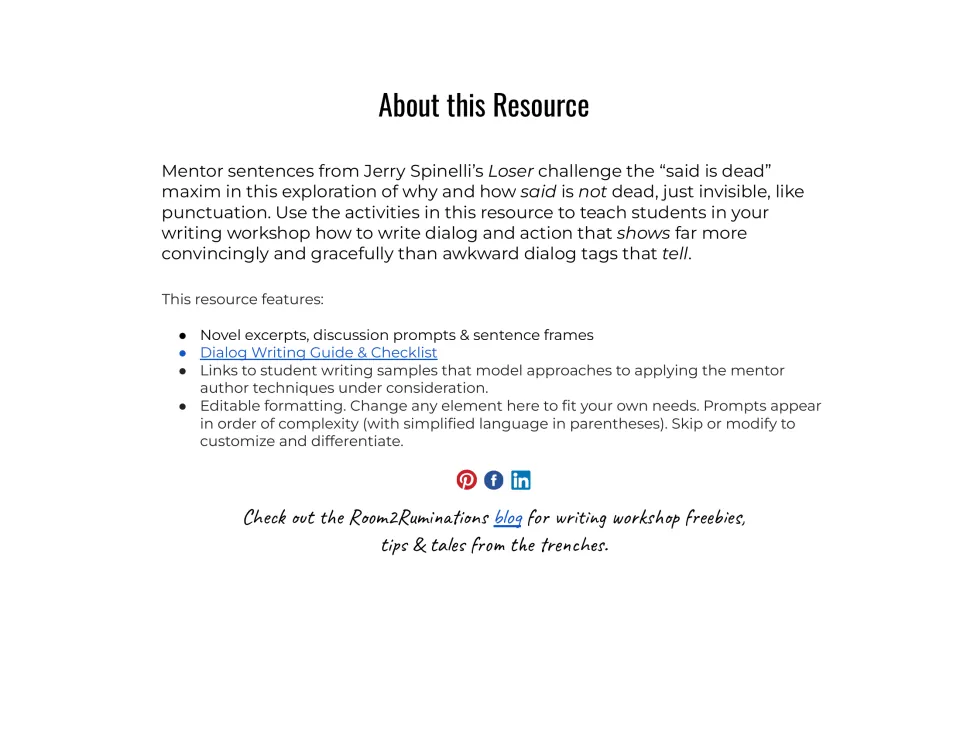 About this Resource: why said is invisible, listing novel excerpts, sentence frames and a dialog writing checklist
