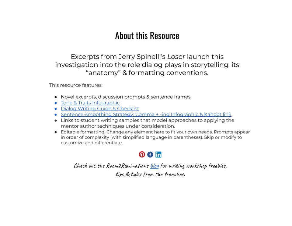 About this Resource: overview of Loser excerpts, discussion prompts, tone and traits infographic and dialog checklist