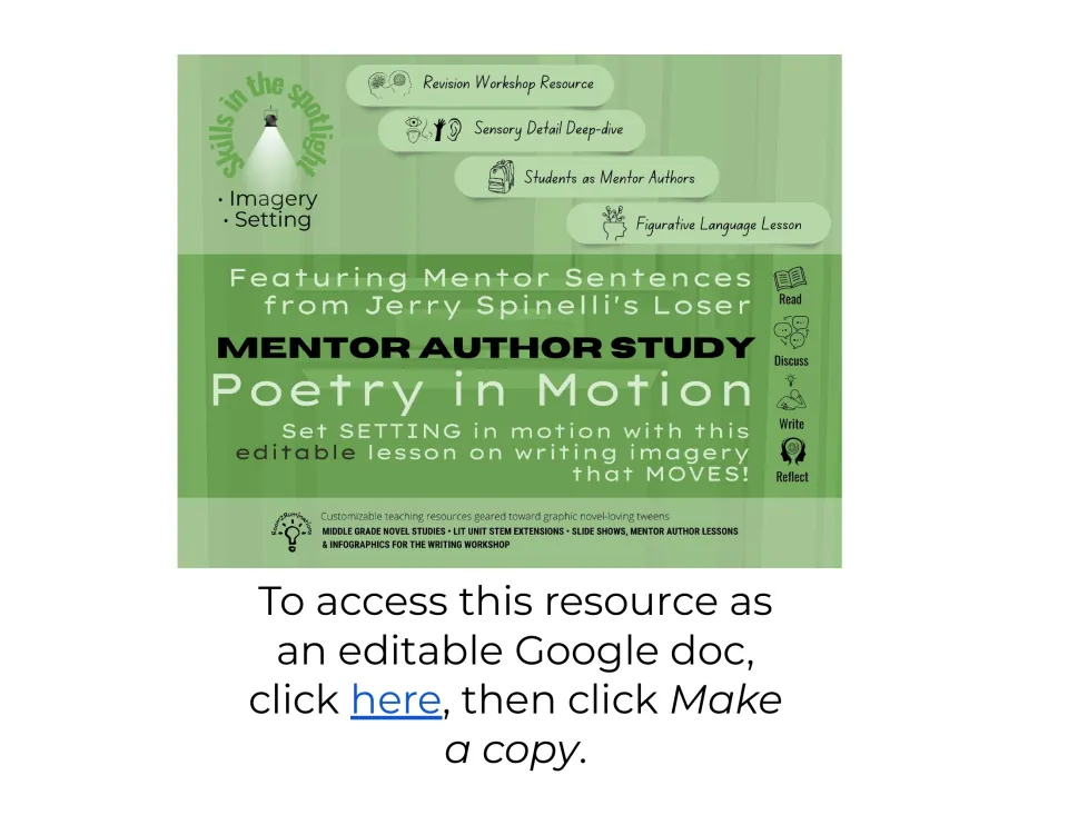 Mentor author study cover: Poetry in Motion lesson on writing setting imagery using sentences from Jerry Spinelli's Loser