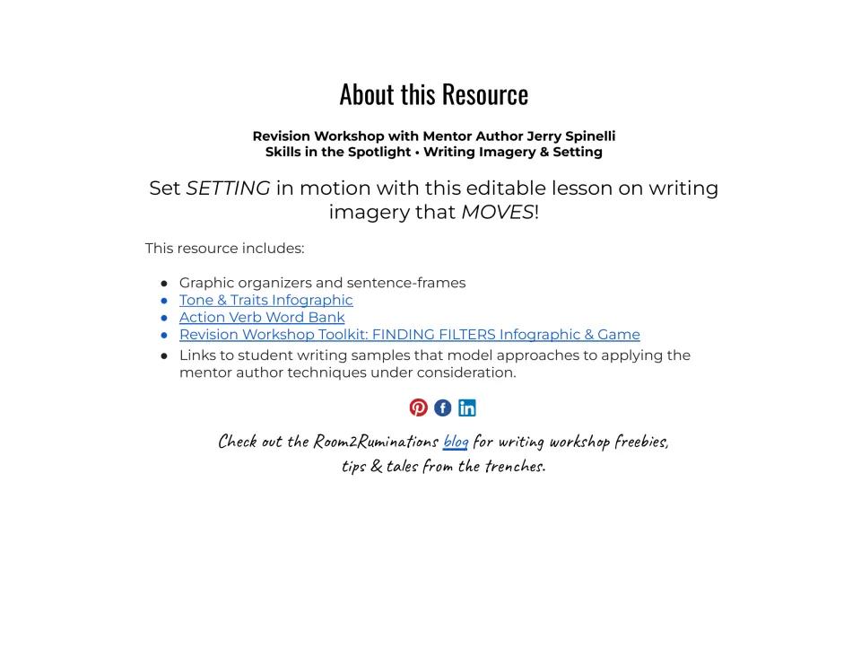 About this Resource: overview listing graphic organizers, sentence frames, action verb word bank and Finding Filters game