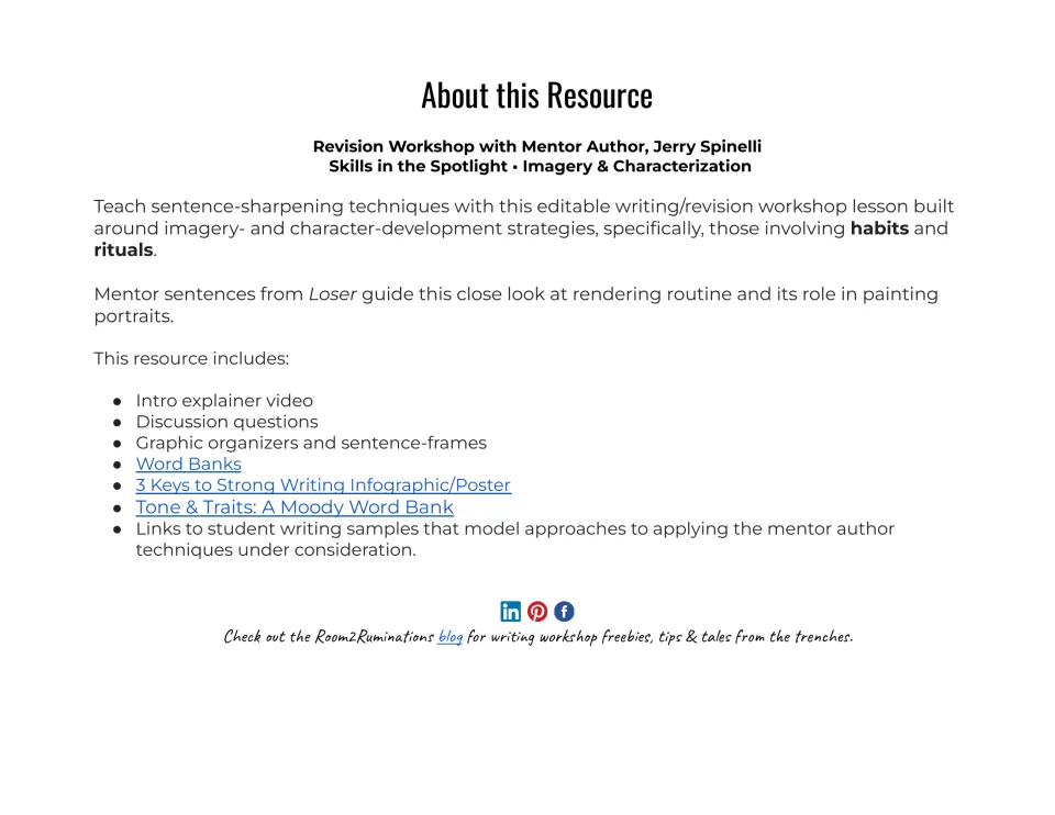About this resource: Jerry Spinelli revision workshop on imagery and characterization, listing video and word banks