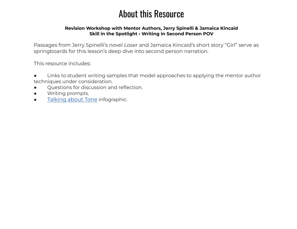 About this resource: Loser and Girl passages on second person narration, plus discussion questions and writing prompts