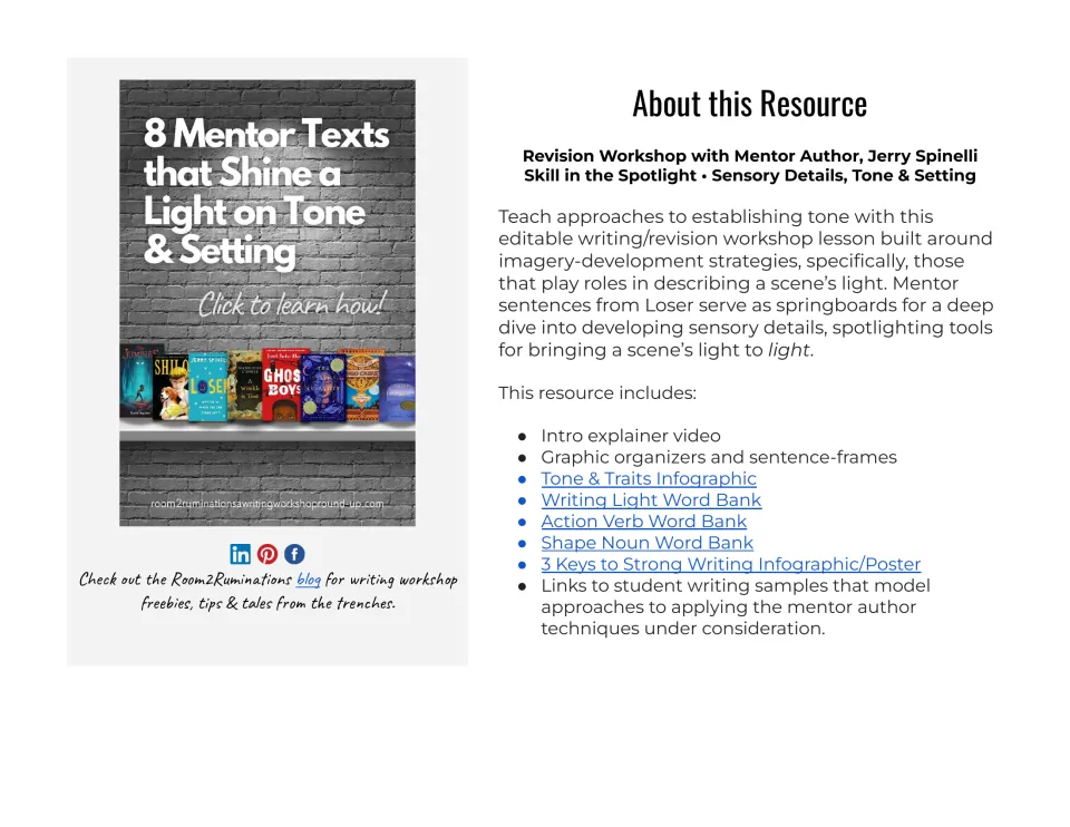 About this Resource: sensory details, tone and setting lesson using Loser mentor sentences, listing word banks, organizers