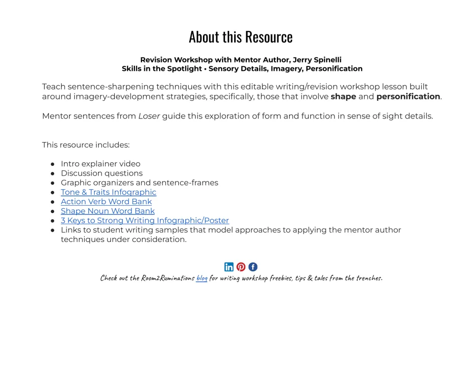 About this Resource: overview of a revision workshop on shape and personification using Loser mentor sentences