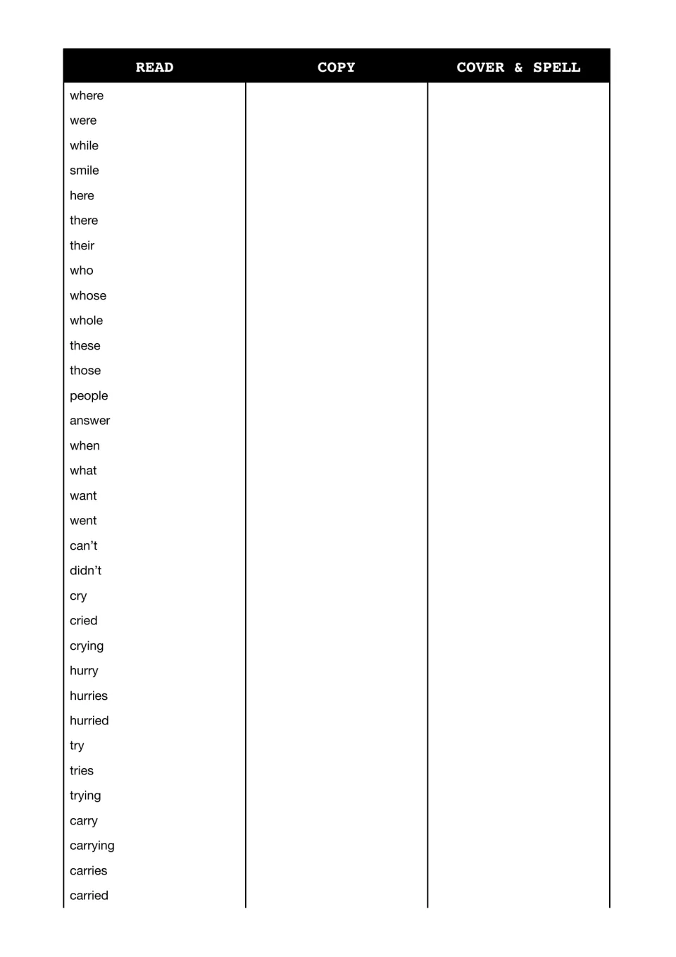 Spelling practice: students read, copy, cover and spell 33 words such as where, their, whose, hurried and carried