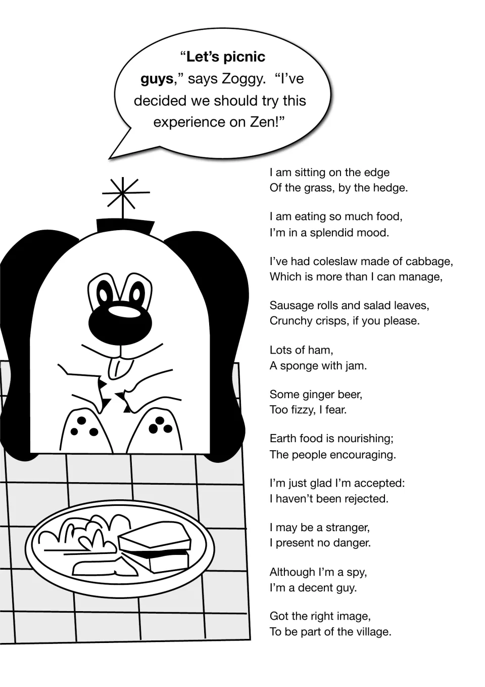Rhyming picnic poem by Zoggy featuring words like cabbage, manage, sponge, ginger, stranger, danger, image and village