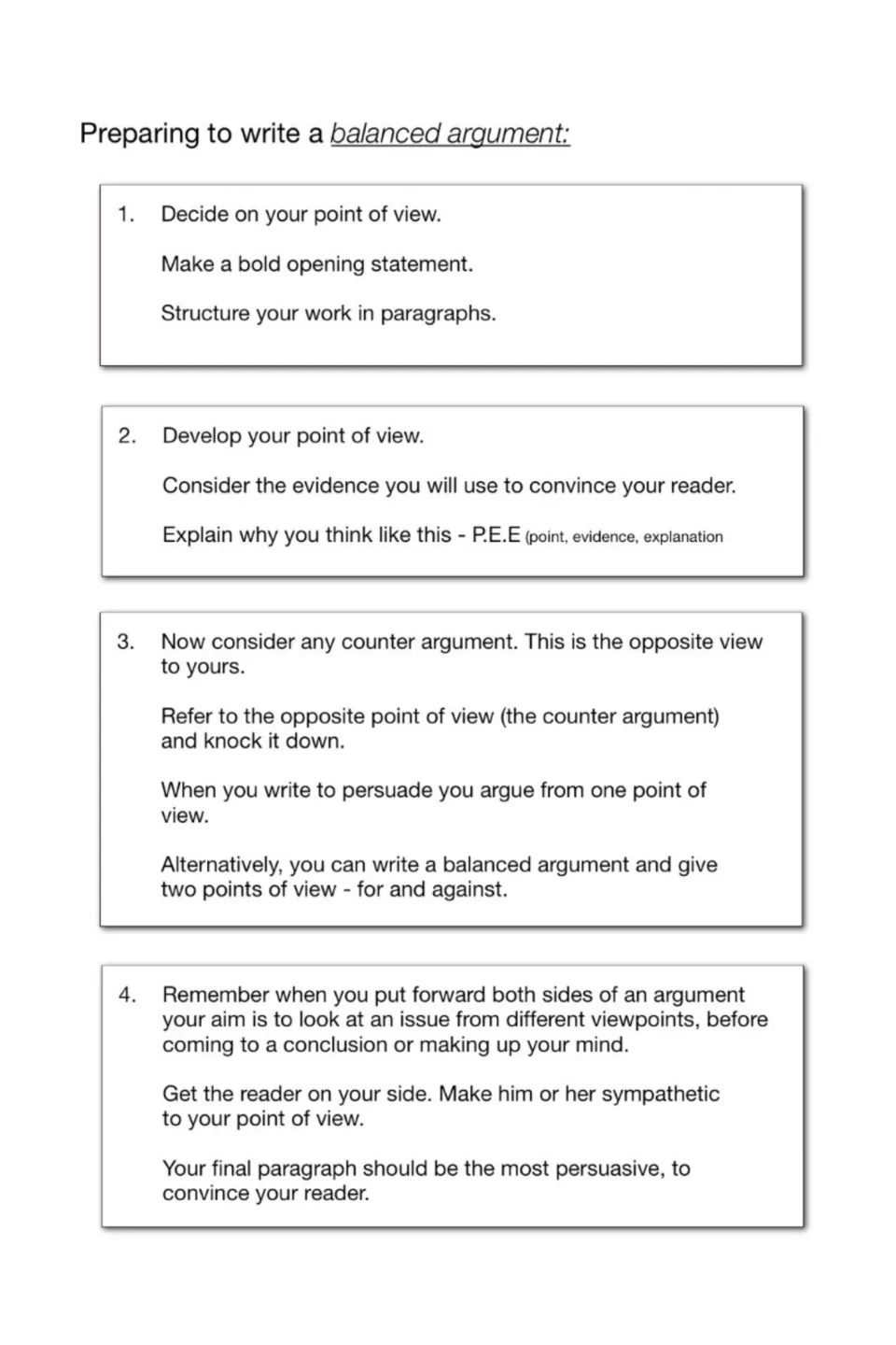 Preparing to write a balanced argument: four steps on point of view, P.E.E. evidence, counter argument and a strong ending