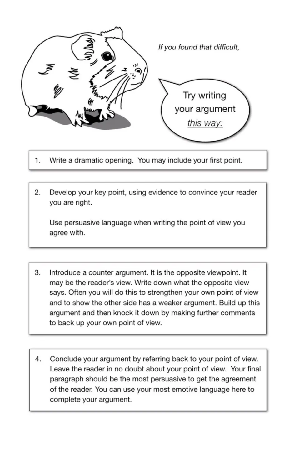 Simpler argument plan: four steps from a dramatic opening and key point to a counter argument and persuasive conclusion