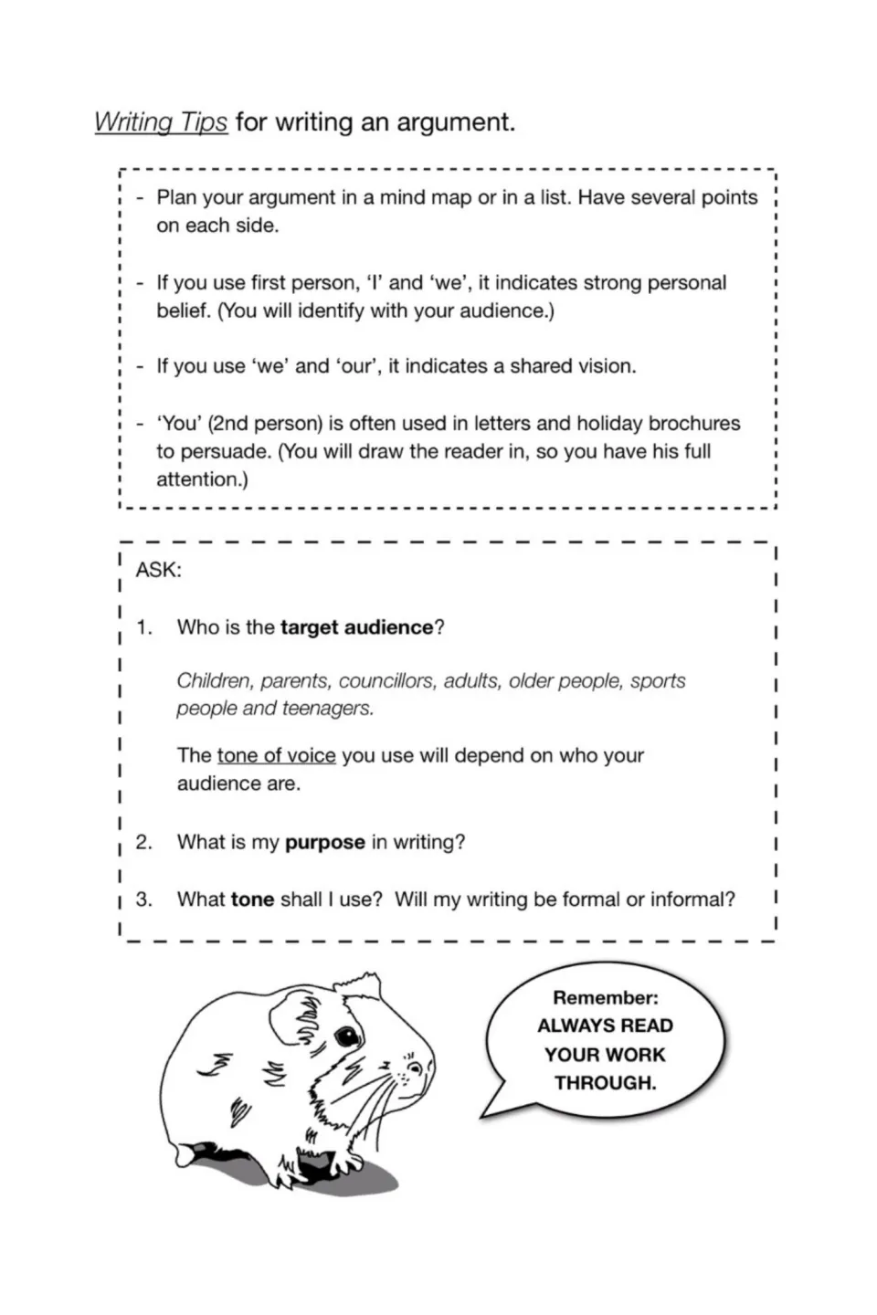 Writing tips for an argument: first vs second person pronouns, plus questions on target audience, purpose and tone