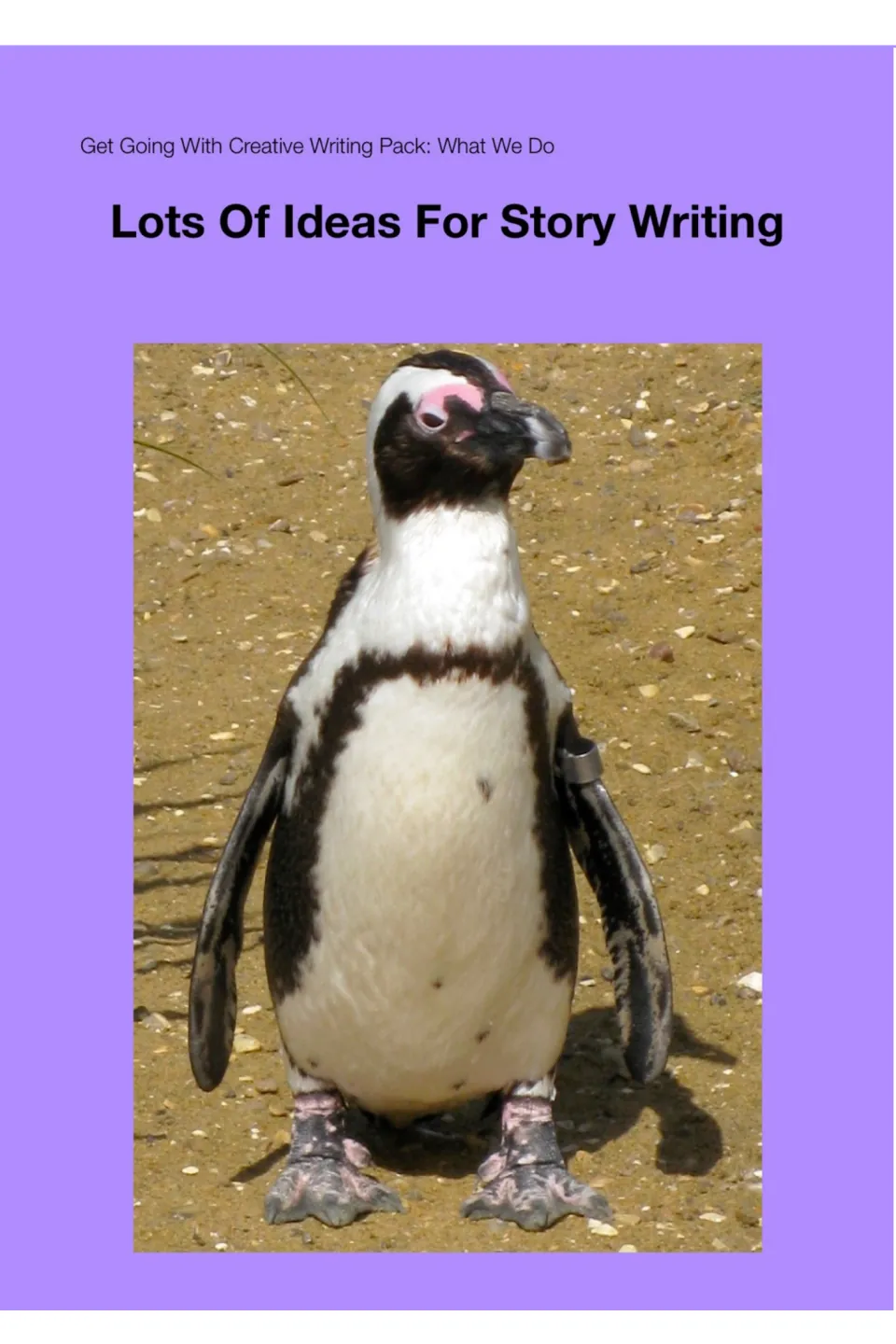 Cover of Lots Of Ideas For Story Writing from the Get Going With Creative Writing Pack, showing a photo of a penguin on sand