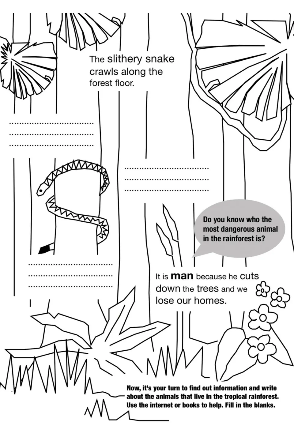 Rainforest animal research task asks students to add facts and explains how cutting trees destroys homes