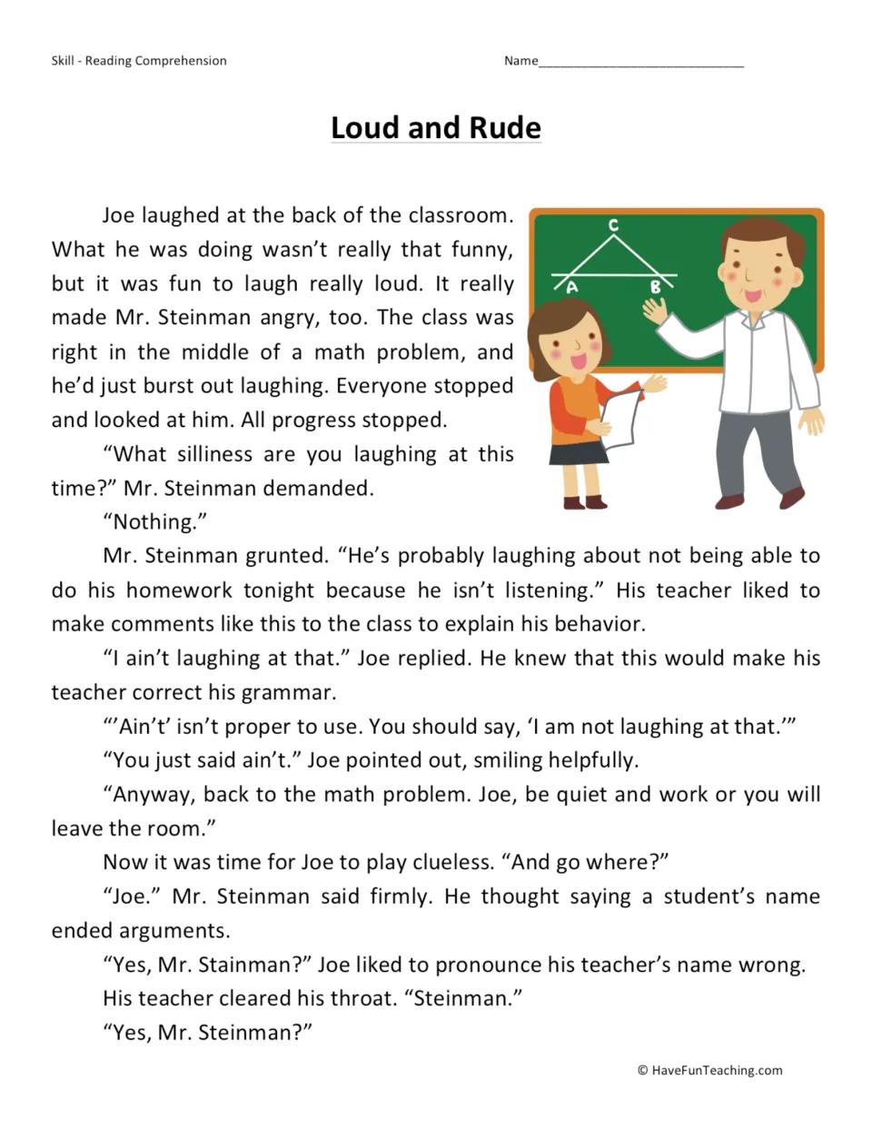 Reading passage opening: Joe interrupts a math lesson by laughing and deliberately irritating Mr. Steinman.