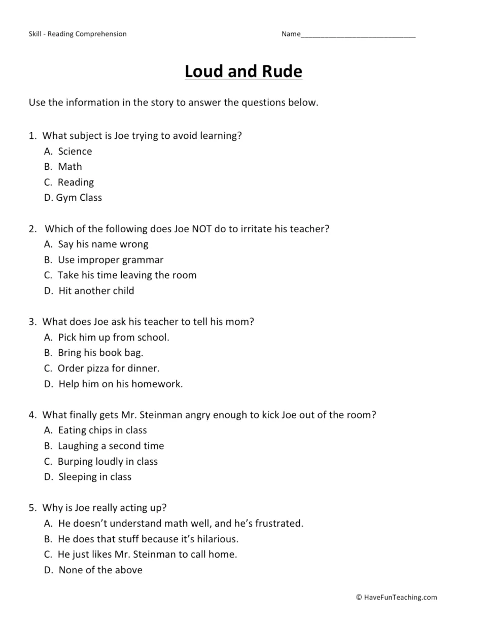 Five multiple-choice reading questions about Joe’s behavior, his teacher’s reactions, and his math frustration.