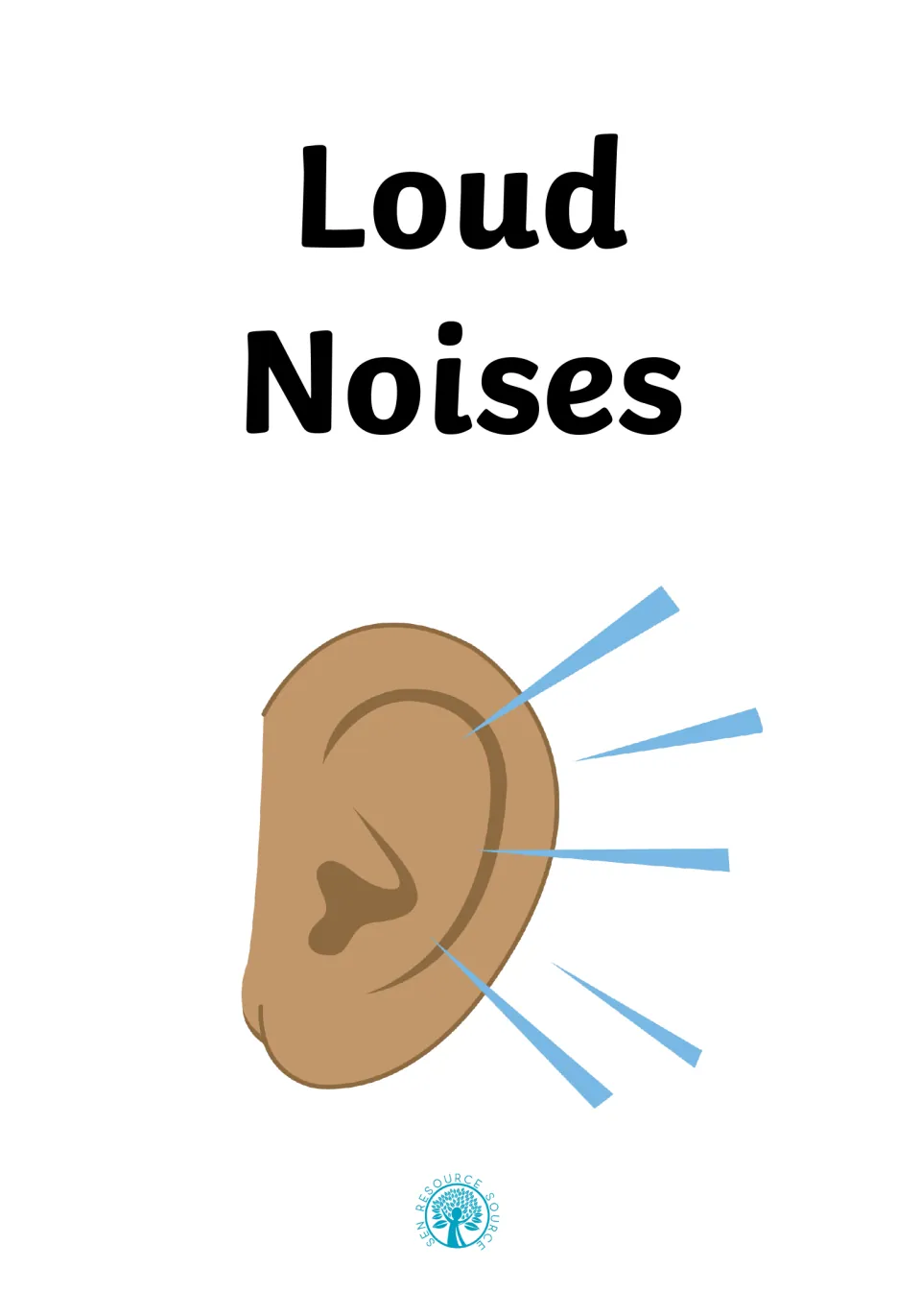 Cover titled Loud Noises with a drawing of an ear and blue sound lines, opening a social story about coping with noise