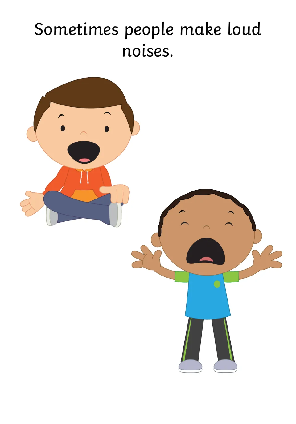 People can be loud: story page showing one boy shouting while seated and another yelling with his arms spread wide