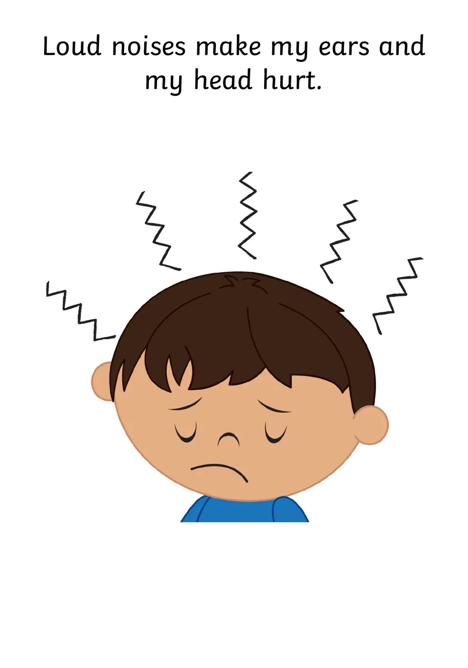 How noise feels: page stating loud noises make my ears and my head hurt, with a boy frowning under zigzag marks
