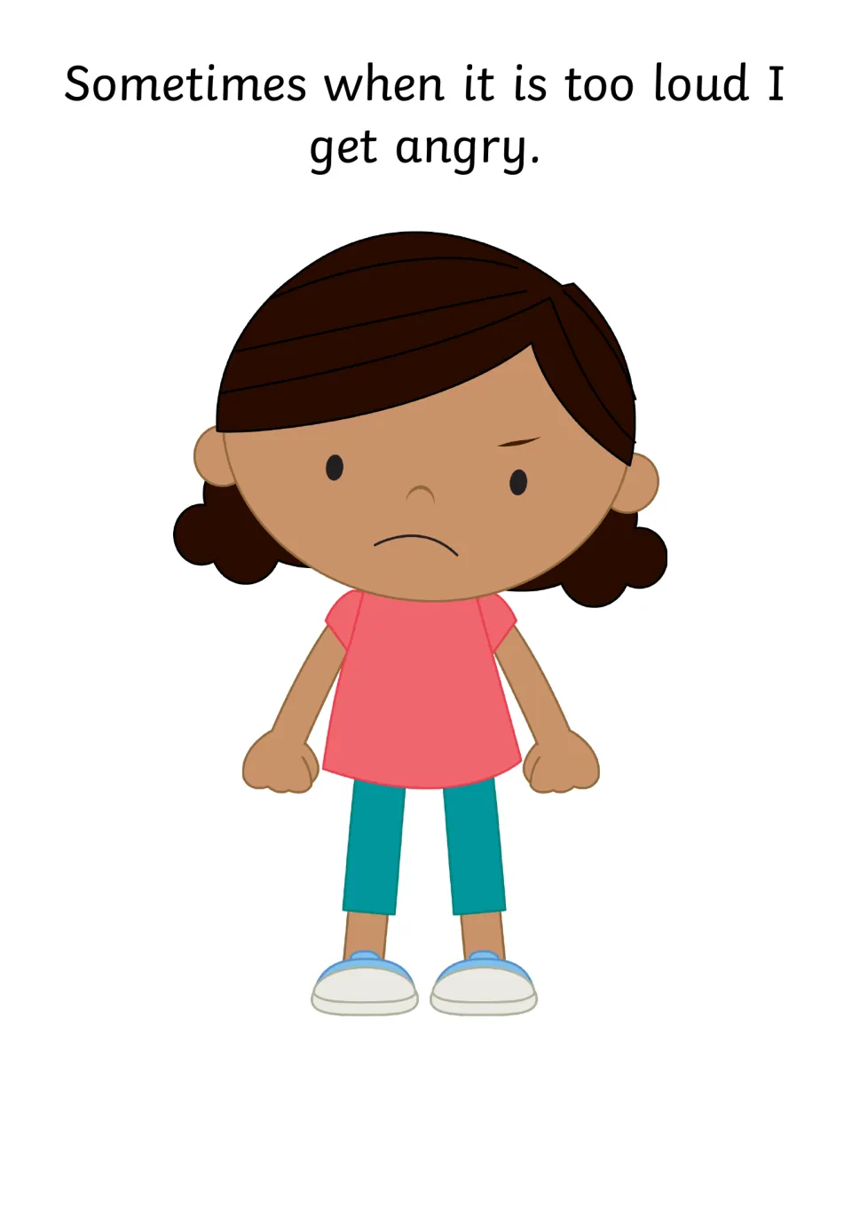Anger when it is too loud: a girl frowns with clenched fists as the story names the feeling of getting angry