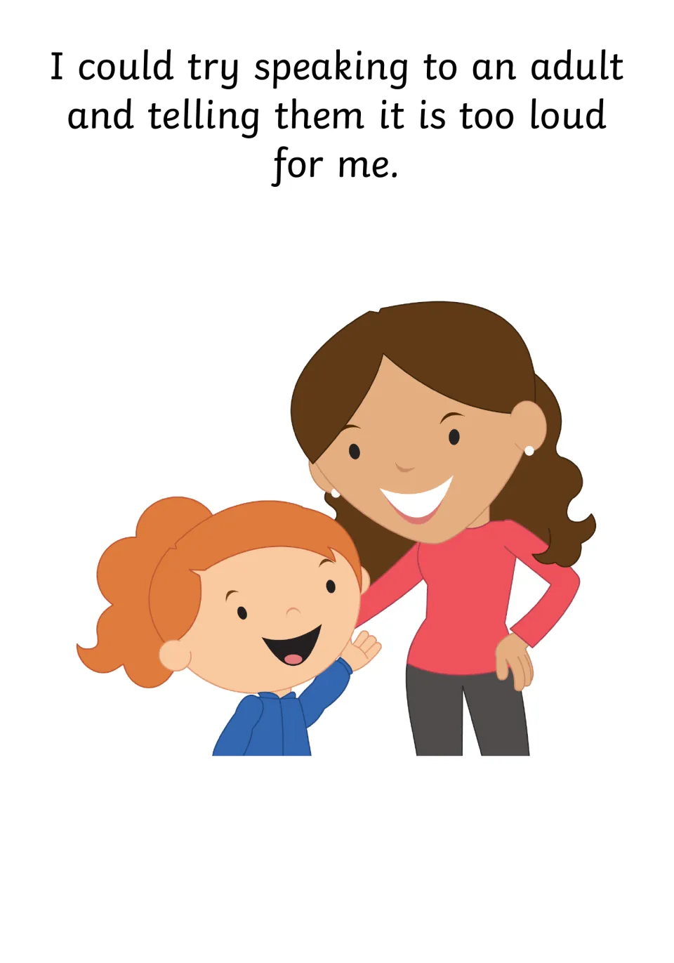 Coping strategy: page suggesting telling an adult it is too loud, shown by a girl talking with a smiling woman