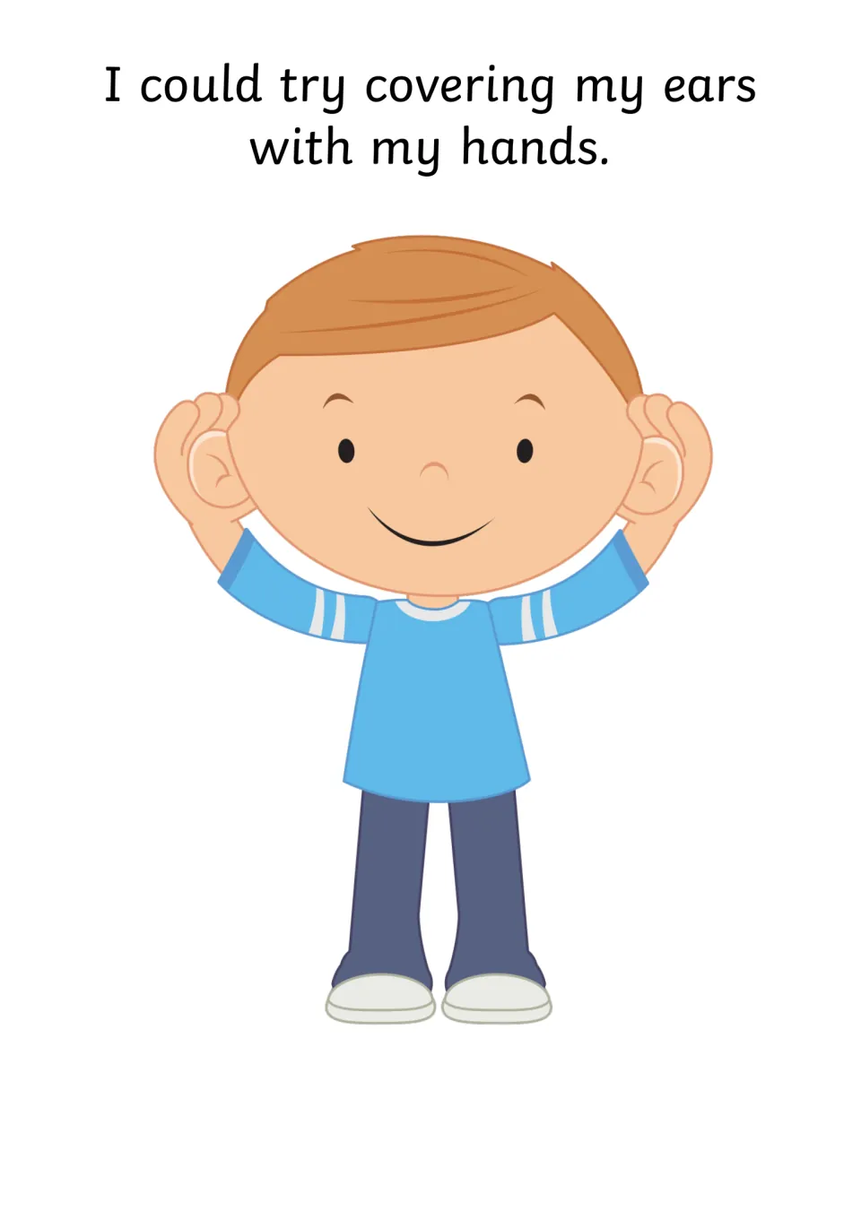 Coping strategy: covering ears with hands, shown by a smiling boy pressing both hands over his ears
