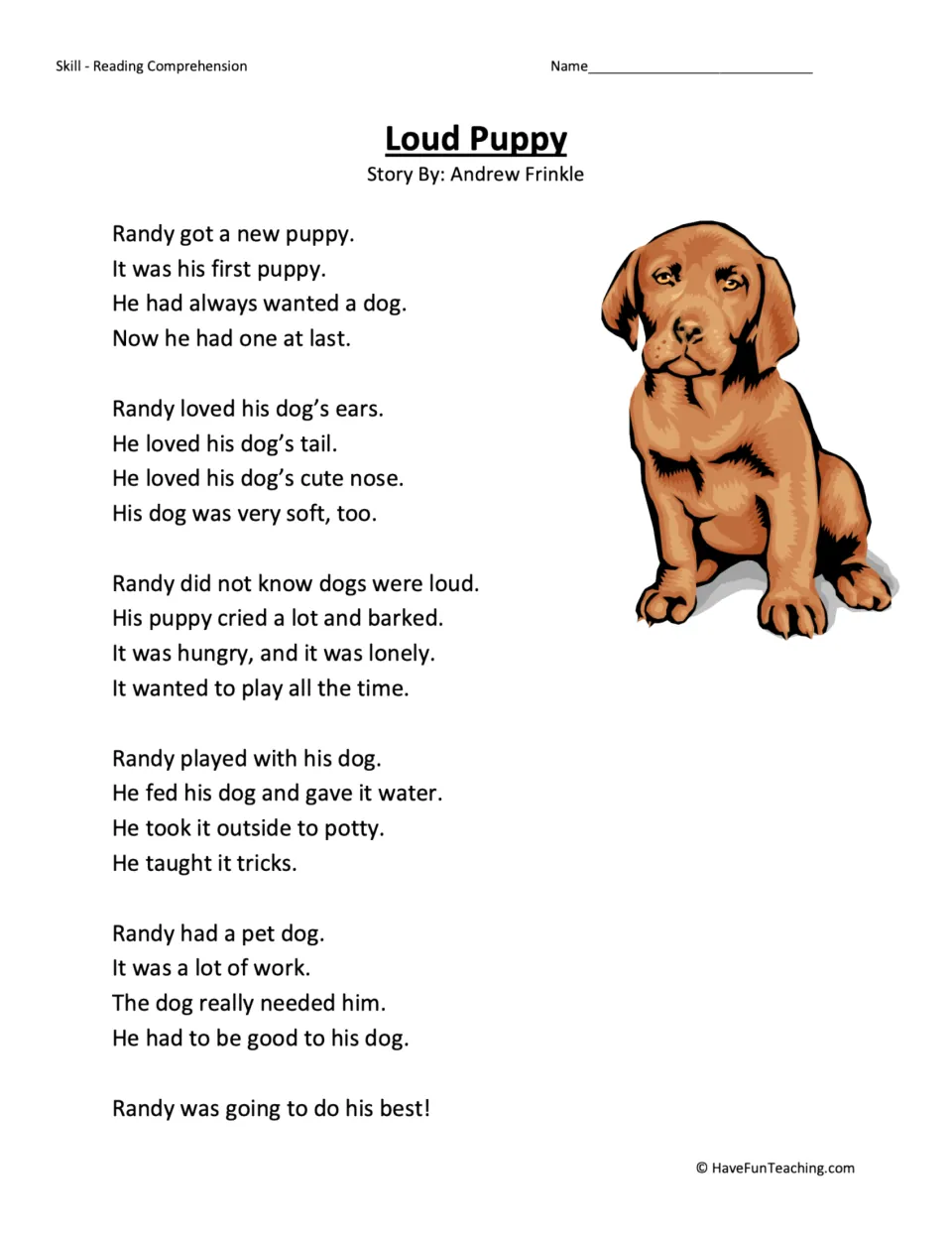 Reading passage about Randy's first puppy, its barking and needs, and how Randy learns to care for it.