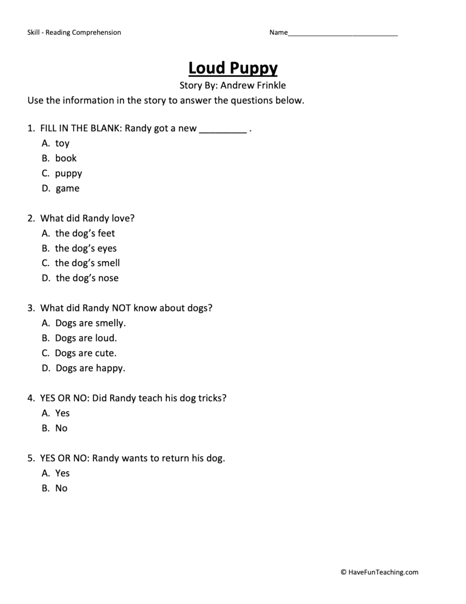 Five comprehension questions about Randy's new puppy, what he loves, barking, tricks, and keeping the dog.