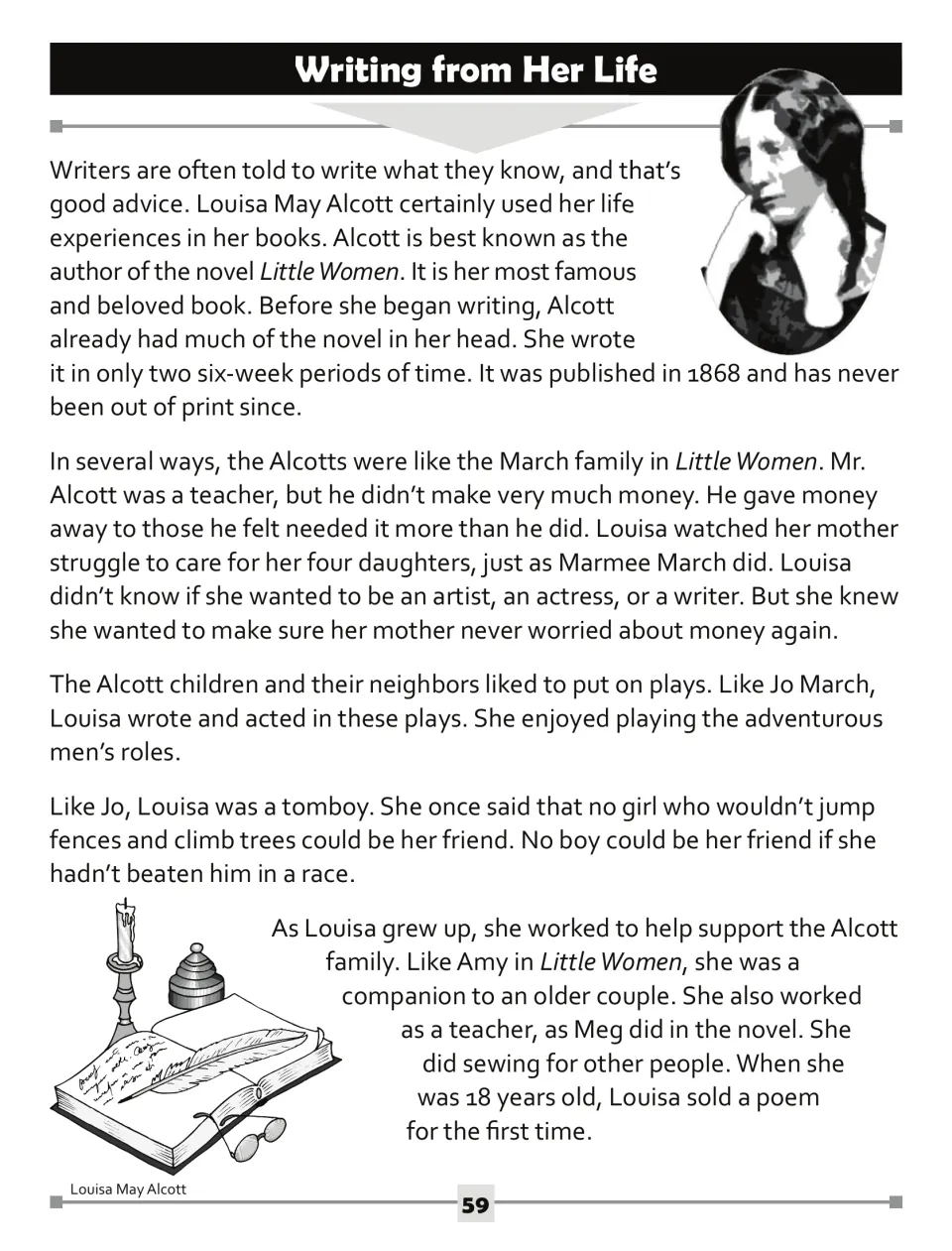 Nonfiction article part 1: Alcott's family, plays and tomboy ways compared with the March family in Little Women
